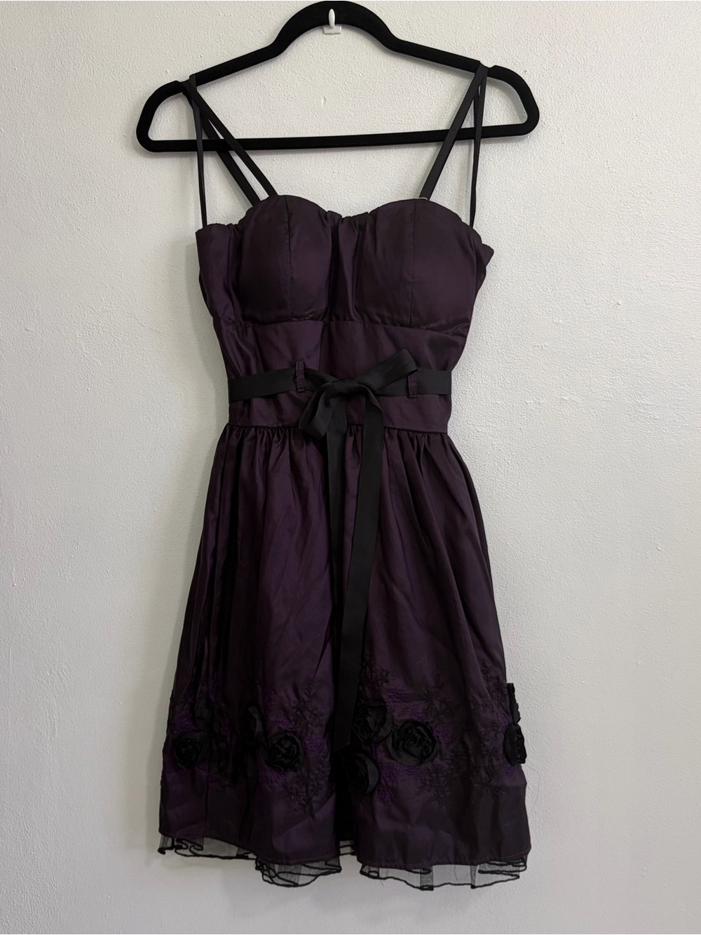 Marianne Plum Satin Mini Dress w/ Black Floral Details & Waist Tie – Size 3